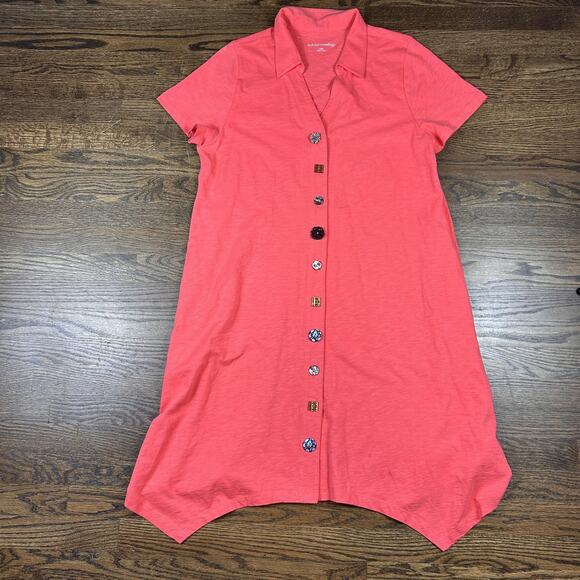 Soft Surroundings Tunic Dress Womens Large Coral Pink Sharkbite Hem Button Front - Picture 1 of 9